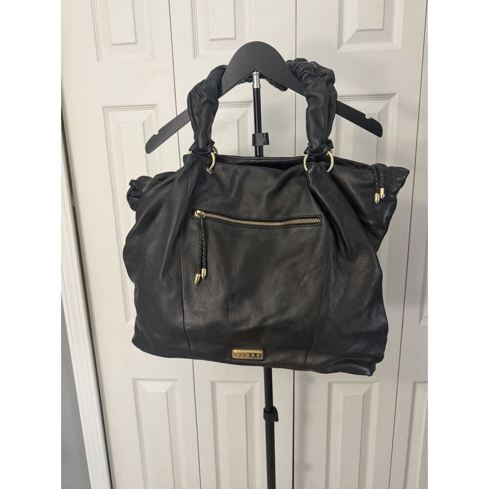 FIORE By ISABELLA FIORE XL Black Leather Tote Double Handle Shoulder Bag Satchel